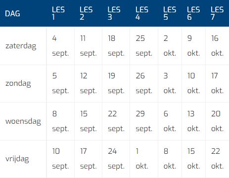 Herfstcursus 2021 Tabel Datums Herfstcursus 2021 Tabel Datums