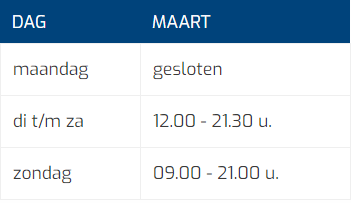 Tabel Openingstijden Maart Mobiel (kort) Tabel Openingstijden Maart Mobiel (kort)