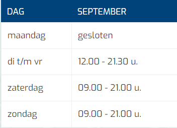Tabel Openingstijden September Mobiel (kort) Tabel Openingstijden September Mobiel (kort)
