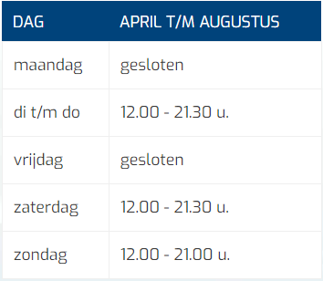 Tabel Openingstijden April Tm Augustus Mobiel (kort) Tabel Openingstijden April Tm Augustus Mobiel (kort)