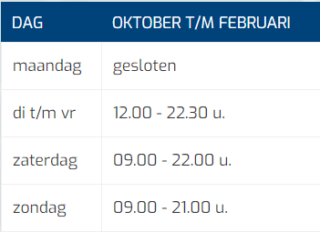Tabel Openingstijden Oktober Tm Februari Mobiel (kort) Tabel Openingstijden Oktober Tm Februari Mobiel (kort)