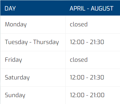 tabel openingstijden April - August (ENG) tabel openingstijden April - August (ENG)