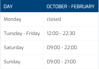 tabel openingstijden October - February (ENG) tabel openingstijden October - February (ENG)
